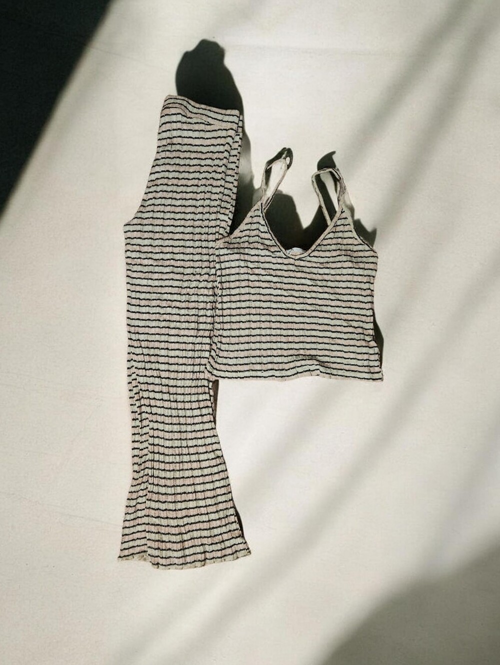 Zara Black and Cream Striped Ribbed Tank & Wide-Leg Set Lounge Set.